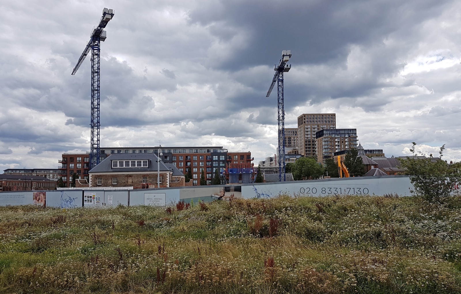 Two blue tower cranes above a hoarded construction site with residential blocks behind, in Woolwich, south-east London