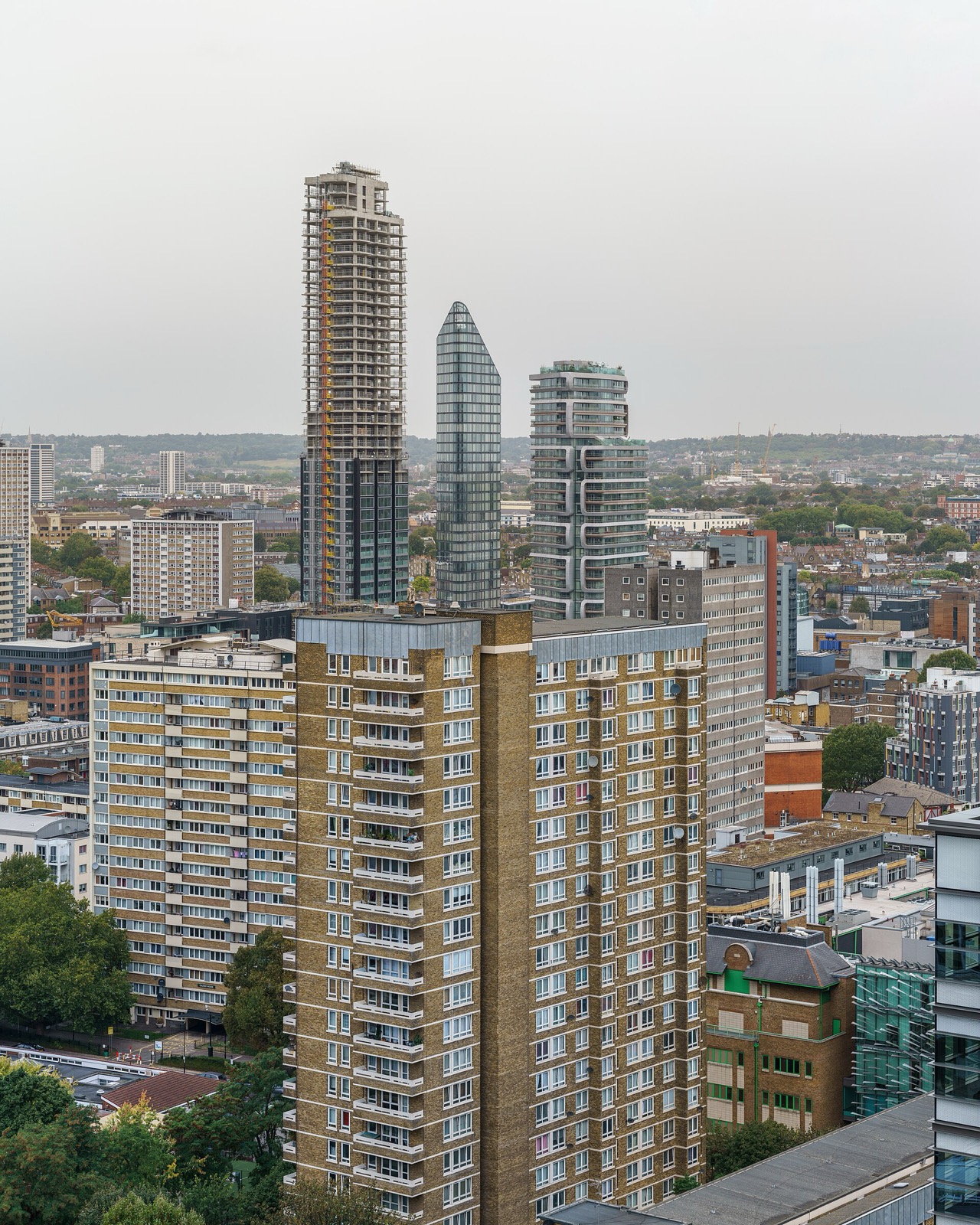 Residential tower blocks in the EC1V area of London seen from a high viewpoint