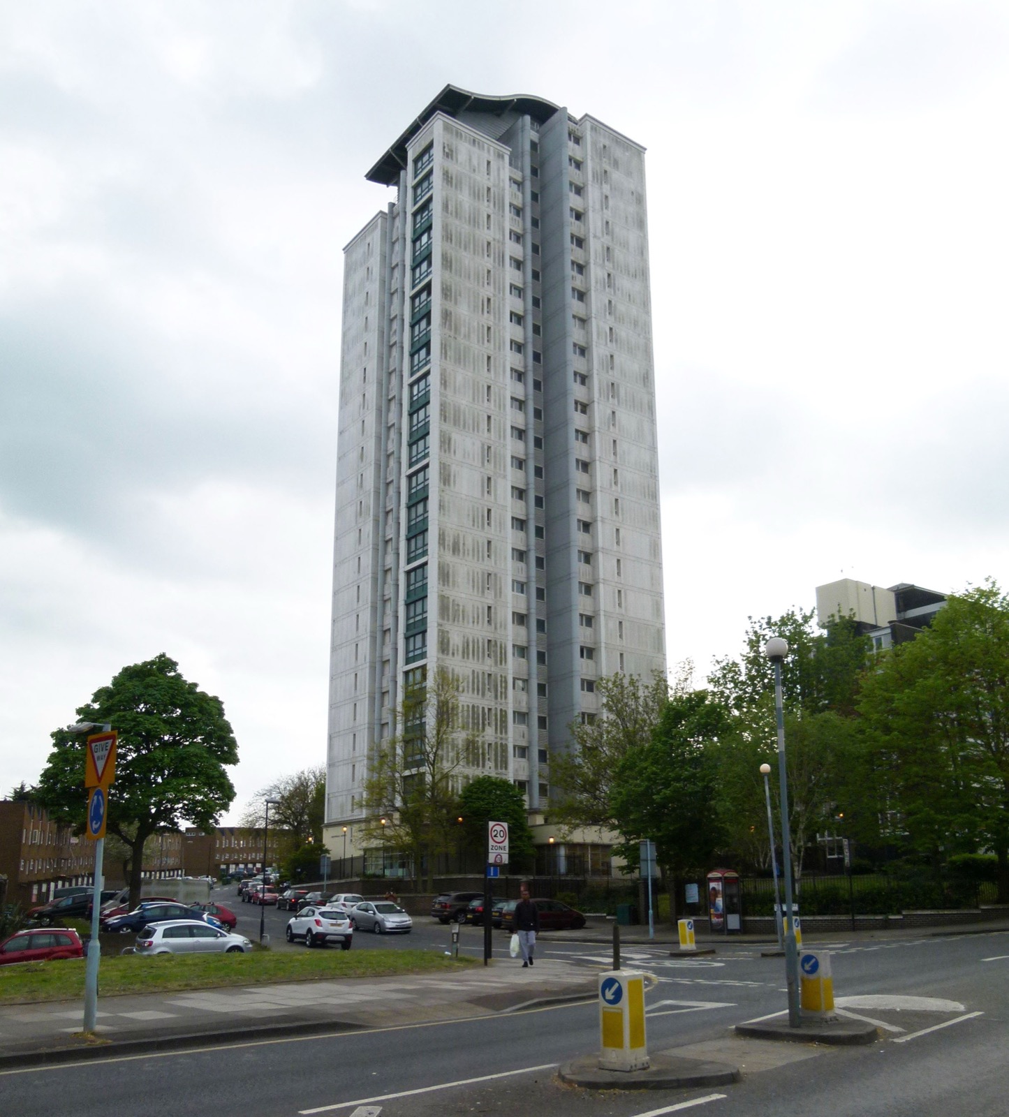 25-storey residential tower block in Woolwich, south east London, seen from the street
