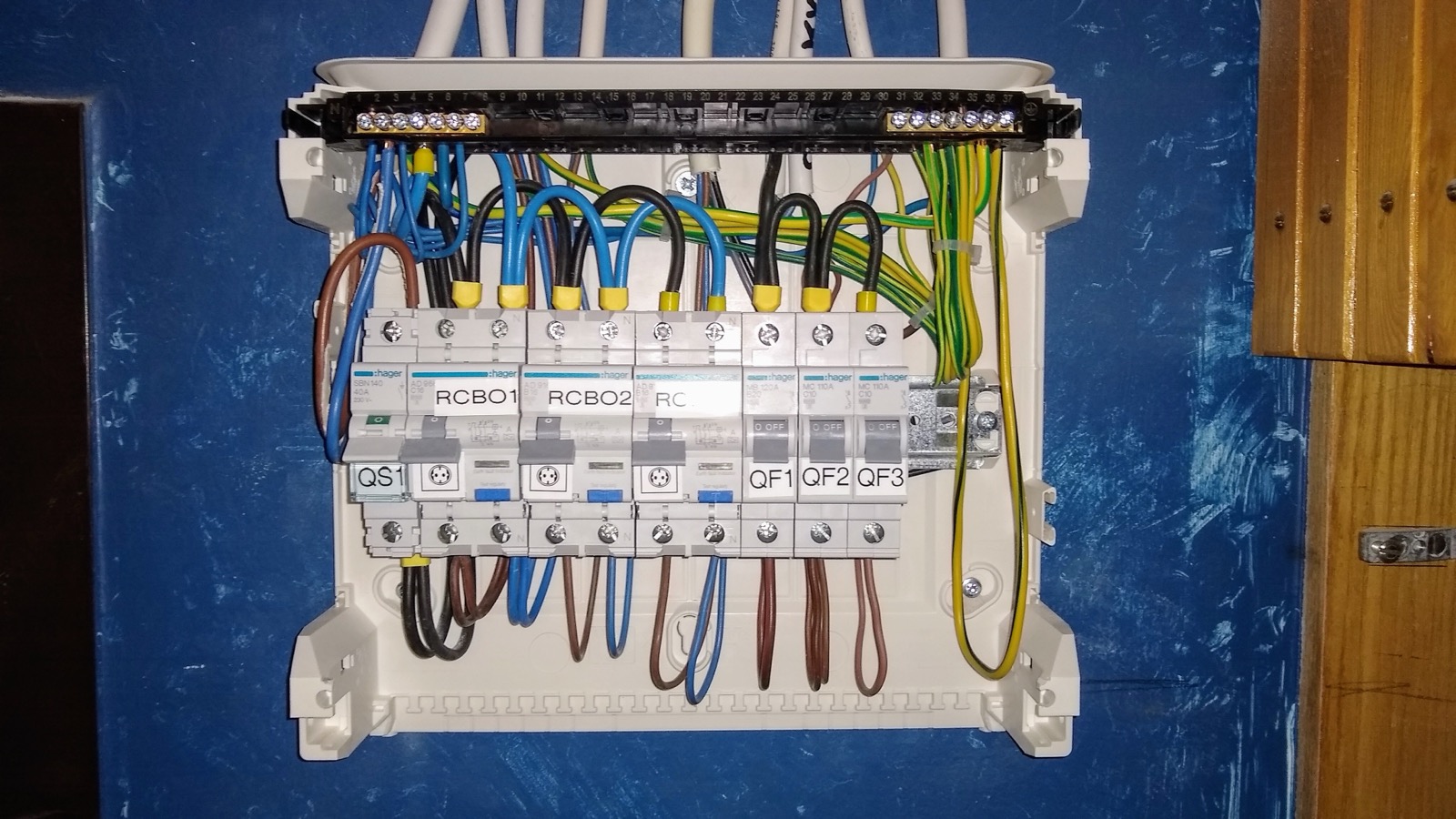 Electrical distribution board with circuit breakers and RCDs installed in a cabinet